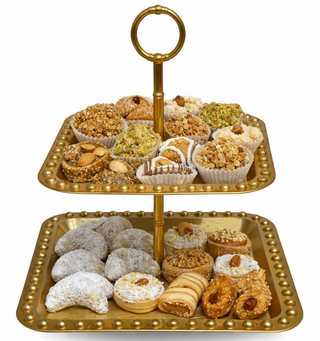 Présentoir à Gâteaux Carré Doré – 2 Étages avec Paquet de 6 Assiettes Rondes