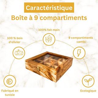 Boîte à 9 compartiments en bois d'olivier fait main (26 x 26 x 9 cm)