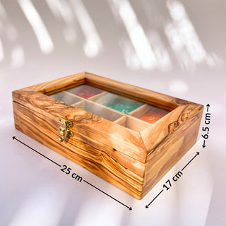 Boîte à thé en bois d'olivier, fait main avec 6 compartiments