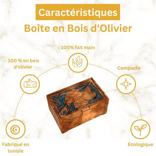 Boîte en bois d'olivier avec motif traditionnel bleu fait main (15x10x6,5 cm)