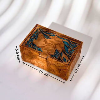 Boîte en bois d'olivier avec motif traditionnel bleu fait main (15x10x6,5 cm)